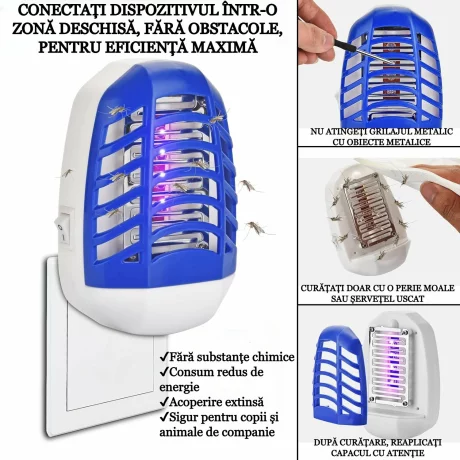 Aparat electric impotriva tantarilor, mustelor VENTLEX cu Lumina UV, Silentios, fara pastile, consumabile sau mirosuri neplacute, Consum redus de energie, Interior/Exterior, protectie 360°, Alb/Albastru
