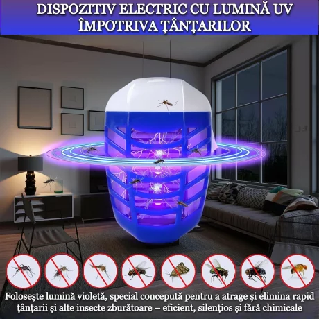 Aparat electric impotriva tantarilor, mustelor VENTLEX cu Lumina UV, Silentios, fara pastile, consumabile sau mirosuri neplacute, Consum redus de energie, Interior/Exterior, protectie 360°, Alb/Albastru
