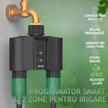 Programator pentru irigare/udare Inteligent Ventlex 2 Zone, Control Manual sau prin aplicatie, cu adaptor Wifi, Functionalitate Wifi/ Bluetooth, Presiune de lucru 0, 03 – 0, 8 MPa, Instalare Usoara