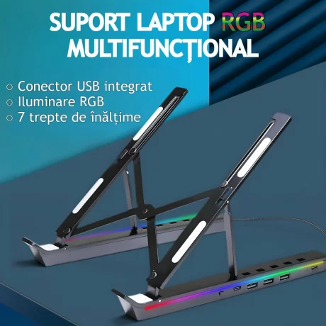 Suport laptop RGB, Pliabil, Cu 7 Trepte Ajustabile, Ergonomic, cu porturi USB integrate, Efecte luminoase Ajustabile, Husa de Transport inclusa, Negru