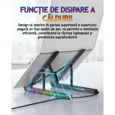 Suport laptop RGB, Pliabil, Cu 7 Trepte Ajustabile, Ergonomic, cu porturi USB integrate, Efecte luminoase Ajustabile, Husa de Transport inclusa, Negru