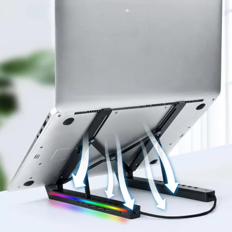 Suport laptop RGB, Pliabil, Cu 7 Trepte Ajustabile, Ergonomic, cu porturi USB integrate, Efecte luminoase Ajustabile, Husa de Transport inclusa, Negru