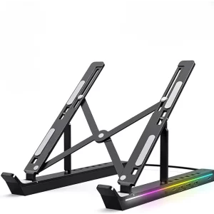 Suport laptop RGB, Pliabil, Cu 7 Trepte Ajustabile, Ergonomic, cu porturi USB integrate, Efecte luminoase Ajustabile, Husa de Transport inclusa, Negru