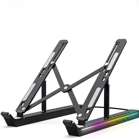 Suport laptop RGB, Pliabil, Cu 7 Trepte Ajustabile, Ergonomic, cu porturi USB integrate, Efecte luminoase Ajustabile, Husa de Transport inclusa, Negru