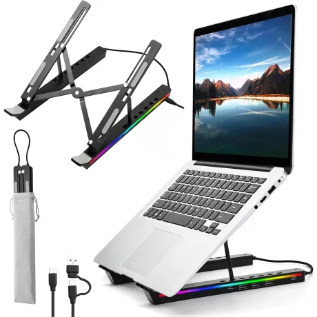 Suport laptop RGB, Pliabil, Cu 7 Trepte Ajustabile, Ergonomic, cu porturi USB integrate, Efecte luminoase Ajustabile, Husa de Transport inclusa, Negru