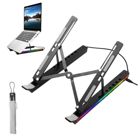 Suport laptop RGB, Pliabil, Cu 7 Trepte Ajustabile, Ergonomic, cu porturi USB integrate, Efecte luminoase Ajustabile, Husa de Transport inclusa, Negru