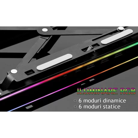 Suport laptop RGB, Pliabil, Cu 7 Trepte Ajustabile, Ergonomic, cu porturi USB integrate, Efecte luminoase Ajustabile, Husa de Transport inclusa, Negru