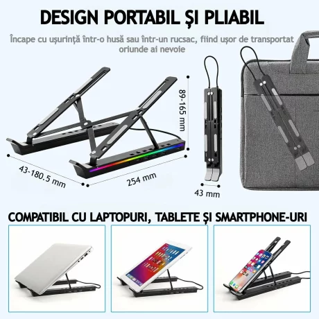Suport laptop RGB, Pliabil, Cu 7 Trepte Ajustabile, Ergonomic, cu porturi USB integrate, Efecte luminoase Ajustabile, Husa de Transport inclusa, Negru