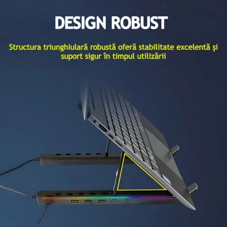 Suport laptop RGB, Pliabil, Cu 7 Trepte Ajustabile, Ergonomic, cu porturi USB integrate, Efecte luminoase Ajustabile, Husa de Transport inclusa, Negru