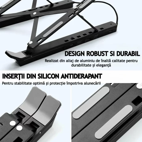 Suport laptop RGB, Pliabil, Cu 7 Trepte Ajustabile, Ergonomic, cu porturi USB integrate, Efecte luminoase Ajustabile, Husa de Transport inclusa, Negru