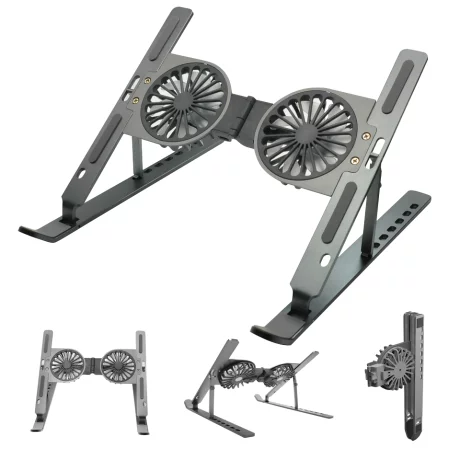 Cooler Laptop si Suport Laptop cu 7 Trepte de Ajustare cu Dubla Ventilare si Iluminare RGB, Ergonomic, Portabil, Pliabil, Compatabilitate Universala din Aluminiu si Silicon Antiderapant, Husa, Gri