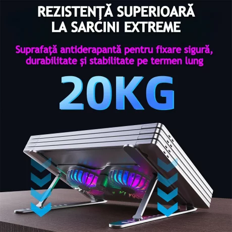 Cooler Laptop si Suport Laptop cu 7 Trepte de Ajustare cu Dubla Ventilare si Iluminare RGB, Ergonomic, Portabil, Pliabil, Compatabilitate Universala din Aluminiu si Silicon Antiderapant, Husa, Gri
