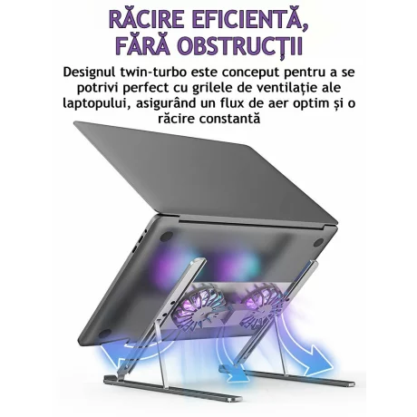 Cooler Laptop si Suport Laptop cu 7 Trepte de Ajustare cu Dubla Ventilare si Iluminare RGB, Ergonomic, Portabil, Pliabil, Compatabilitate Universala din Aluminiu si Silicon Antiderapant, Husa, Gri