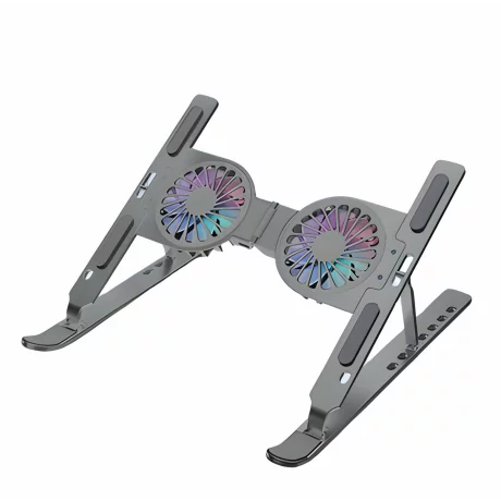 Cooler Laptop si Suport Laptop cu 7 Trepte de Ajustare cu Dubla Ventilare si Iluminare RGB, Ergonomic, Portabil, Pliabil, Compatabilitate Universala din Aluminiu si Silicon Antiderapant, Husa, Gri