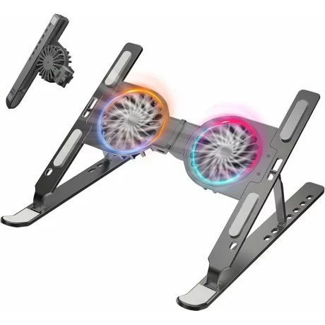 Cooler Laptop si Suport Laptop cu 7 Trepte de Ajustare cu Dubla Ventilare si Iluminare RGB, Ergonomic, Portabil, Pliabil, Compatabilitate Universala din Aluminiu si Silicon Antiderapant, Husa, Gri