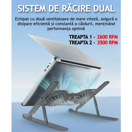 Cooler Laptop si Suport Laptop cu 7 Trepte de Ajustare cu Dubla Ventilare si Iluminare RGB, Ergonomic, Portabil, Pliabil, Compatabilitate Universala din Aluminiu si Silicon Antiderapant, Husa, Gri