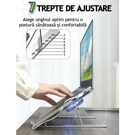 Cooler Laptop si Suport Laptop cu 7 Trepte de Ajustare cu Dubla Ventilare si Iluminare RGB, Ergonomic, Portabil, Pliabil, Compatabilitate Universala din Aluminiu si Silicon Antiderapant, Husa, Gri
