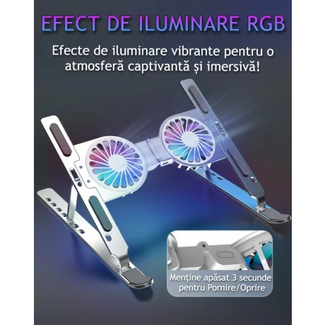 Cooler Laptop si Suport Laptop cu 7 Trepte de Ajustare cu Dubla Ventilare si Iluminare RGB, Ergonomic, Portabil, Pliabil, Compatabilitate Universala din Aluminiu si Silicon Antiderapant, Husa, Gri
