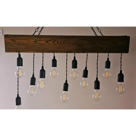 Lustra din Lemn Masiv cu 11 Becurii, Stil Vintage Retro, cu Spatiu pentru Plante, si Sistem de Irigare inclus, 80x15 cm cu Inaltime Reglabila  – Produs Handmade