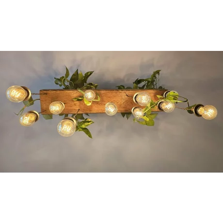 Lustra din Lemn Masiv cu 11 Becurii, Stil Vintage Retro, cu Spatiu pentru Plante, si Sistem de Irigare inclus, 80x15 cm cu Inaltime Reglabila  – Produs Handmade