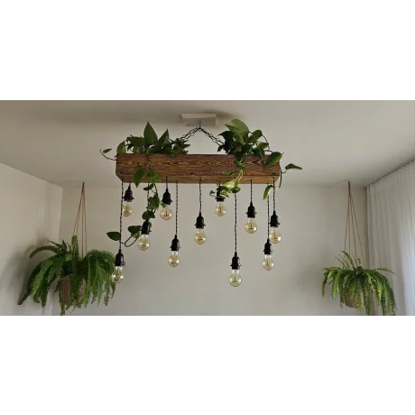 Lustra din Lemn Masiv cu 11 Becurii, Stil Vintage Retro, cu Spatiu pentru Plante, si Sistem de Irigare inclus, 80x15 cm cu Inaltime Reglabila  – Produs Handmade