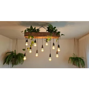 Lustra din Lemn Masiv cu 11 Becurii, Stil Vintage Retro, cu Spatiu pentru Plante, si Sistem de Irigare inclus, 80x15 cm cu Inaltime Reglabila  – Produs Handmade