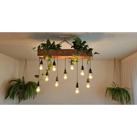 Lustra din Lemn Masiv cu 11 Becurii, Stil Vintage Retro, cu Spatiu pentru Plante, si Sistem de Irigare inclus, 80x15 cm cu Inaltime Reglabila  – Produs Handmade