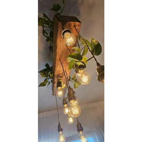 Lustra din Lemn Masiv cu 11 Becurii, Stil Vintage Retro, cu Spatiu pentru Plante, si Sistem de Irigare inclus, 80x15 cm cu Inaltime Reglabila  – Produs Handmade