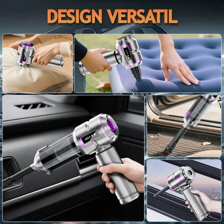 Aspirator Auto Portabil 4 in 1, 20000 PA, Baterie 6000mAh, 100W, 130000RPM, Autonomie 30min, Aspirare, Suflare, Vacuum, afisaj LED 3 Viteze Ajustabile, 8 Accesorii, Filtru HEPA, Aspirator pentru Masina si Casa