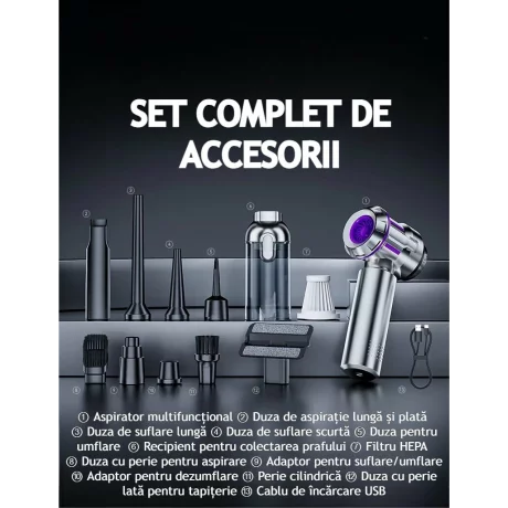 Aspirator Auto Portabil 4 in 1, 20000 PA, Baterie 6000mAh, 100W, 130000RPM, Autonomie 30min, Aspirare, Suflare, Vacuum, afisaj LED 3 Viteze Ajustabile, 8 Accesorii, Filtru HEPA, Aspirator pentru Masina si Casa