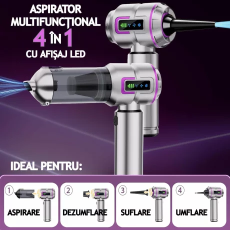 Aspirator Auto Portabil 4 in 1, 20000 PA, Baterie 6000mAh, 100W, 130000RPM, Autonomie 30min, Aspirare, Suflare, Vacuum, afisaj LED 3 Viteze Ajustabile, 8 Accesorii, Filtru HEPA, Aspirator pentru Masina si Casa