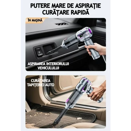 Aspirator Auto Portabil 4 in 1, 20000 PA, Baterie 6000mAh, 100W, 130000RPM, Autonomie 30min, Aspirare, Suflare, Vacuum, afisaj LED 3 Viteze Ajustabile, 8 Accesorii, Filtru HEPA, Aspirator pentru Masina si Casa