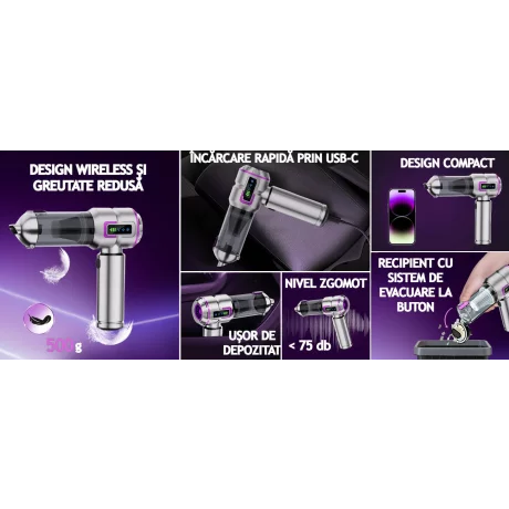 Aspirator Auto Portabil 4 in 1, 20000 PA, Baterie 6000mAh, 100W, 130000RPM, Autonomie 30min, Aspirare, Suflare, Vacuum, afisaj LED 3 Viteze Ajustabile, 8 Accesorii, Filtru HEPA, Aspirator pentru Masina si Casa