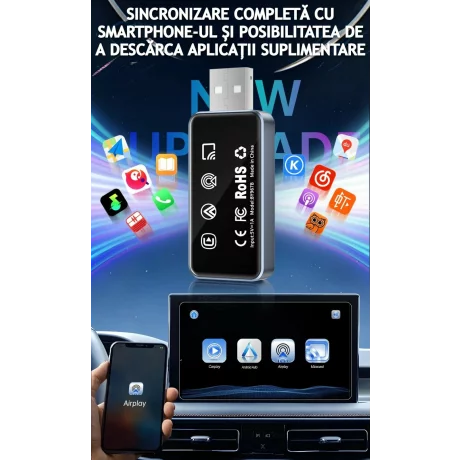 Adaptor Wireless CarPlay/Android Auto, Reconectare Automata Rapida Bluetooth Wi-Fi Pt iPhone/Android