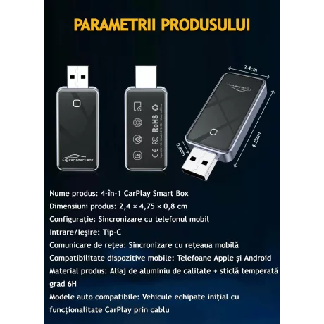 Adaptor Wireless CarPlay/Android Auto, Reconectare Automata Rapida Bluetooth Wi-Fi Pt iPhone/Android