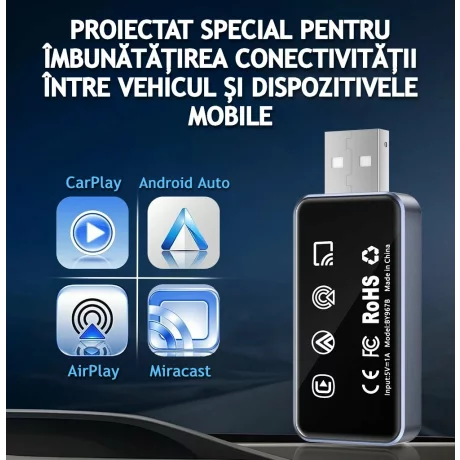 Adaptor Wireless CarPlay/Android Auto, Reconectare Automata Rapida Bluetooth Wi-Fi Pt iPhone/Android