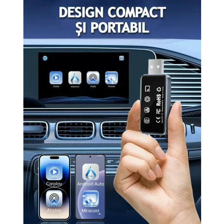 Adaptor Wireless CarPlay/Android Auto, Reconectare Automata Rapida Bluetooth Wi-Fi Pt iPhone/Android