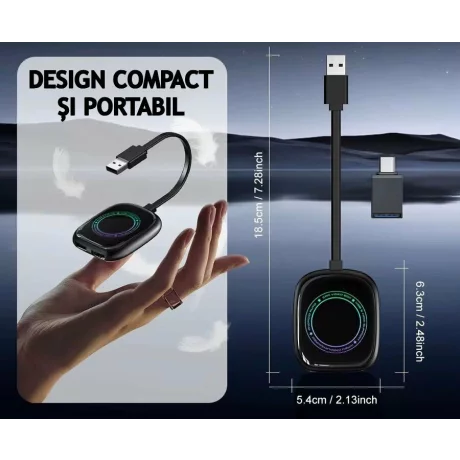 Modul auto AI Box Android, Wireless CarPlay &amp; Android Auto, 4GB RAM+32GB, Quad-Core A53, Conectivitate WiFi Dual Band 2.4GHz / 5.8GHz si Bluetooth, Porturi USB si HDMI, Pentru masini cu CarPlay cu fir