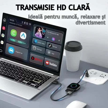 Modul auto AI Box Android, Wireless CarPlay &amp; Android Auto, 4GB RAM+32GB, Quad-Core A53, Conectivitate WiFi Dual Band 2.4GHz / 5.8GHz si Bluetooth, Porturi USB si HDMI, Pentru masini cu CarPlay cu fir