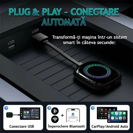 Modul auto AI Box Android, Wireless CarPlay &amp; Android Auto, 4GB RAM+32GB, Quad-Core A53, Conectivitate WiFi Dual Band 2.4GHz / 5.8GHz si Bluetooth, Porturi USB si HDMI, Pentru masini cu CarPlay cu fir