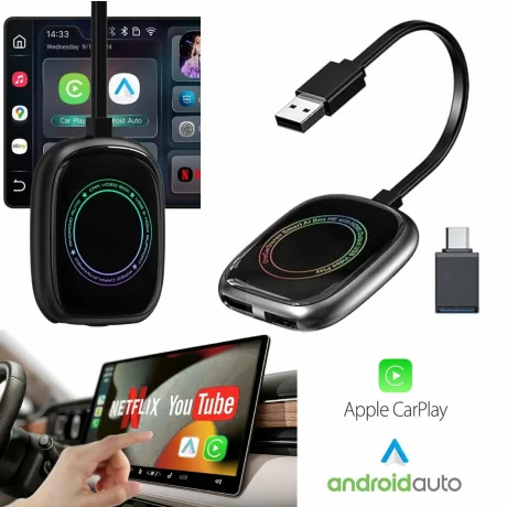 Modul auto AI Box Android, Wireless CarPlay &amp; Android Auto, 4GB RAM+32GB, Quad-Core A53, Conectivitate WiFi Dual Band 2.4GHz / 5.8GHz si Bluetooth, Porturi USB si HDMI, Pentru masini cu CarPlay cu fir
