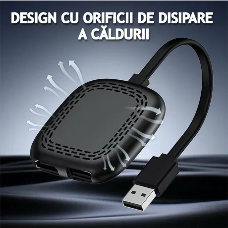 Modul auto AI Box Android, Wireless CarPlay &amp; Android Auto, 4GB RAM+32GB, Quad-Core A53, Conectivitate WiFi Dual Band 2.4GHz / 5.8GHz si Bluetooth, Porturi USB si HDMI, Pentru masini cu CarPlay cu fir