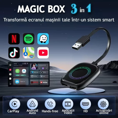 Modul auto AI Box Android, Wireless CarPlay &amp; Android Auto, 4GB RAM+32GB, Quad-Core A53, Conectivitate WiFi Dual Band 2.4GHz / 5.8GHz si Bluetooth, Porturi USB si HDMI, Pentru masini cu CarPlay cu fir