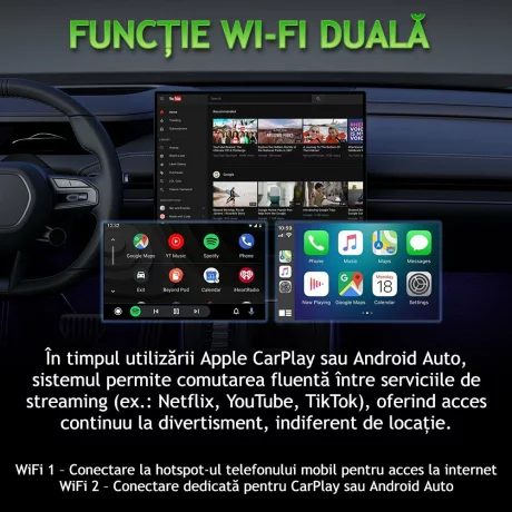 Modul auto AI Box Android, Wireless CarPlay &amp; Android Auto, 4GB RAM+32GB, Quad-Core A53, Conectivitate WiFi Dual Band 2.4GHz / 5.8GHz si Bluetooth, Porturi USB si HDMI, Pentru masini cu CarPlay cu fir