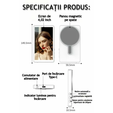 Monitor Selfie si Vlog cu Oglindire Wireless a Ecranului, Fixare Magnetica, Control tactil, Telecomanda Inclusa, Ecran 4.02, 4K/1080p 60fps, Difuzor Integrat, Luminozitate Ajustabila pt Sreaming Live, YouTube, TikTok, Compatibilitate iOS si Android, Alb