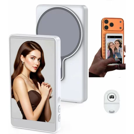 Monitor Selfie si Vlog cu Oglindire Wireless a Ecranului, Fixare Magnetica, Control tactil, Telecomanda Inclusa, Ecran 4.02, 4K/1080p 60fps, Difuzor Integrat, Luminozitate Ajustabila pt Sreaming Live, YouTube, TikTok, Compatibilitate iOS si Android, Alb